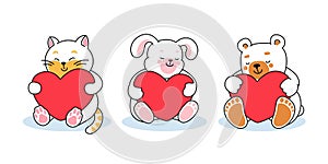 Set of cute baby animals with heart. Cat, teddy bear, hair hugging big red heart. Cartoon simple flat style.