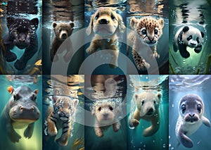 Set of cute baby animals swimming underwater