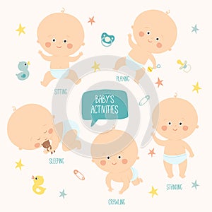 Set with cute baby boys 0-12 months. Various poses. First year activities. Sleeping, sitting, playing, standing