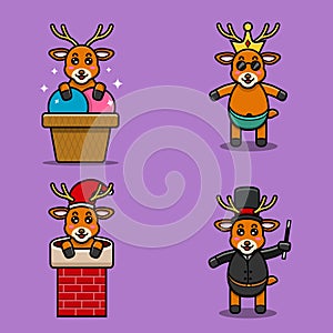 Set Of Cute Baby Deer Character With Various Poses. On Ice Cream, Chinmey, Wearing Crown, and Magician costume.