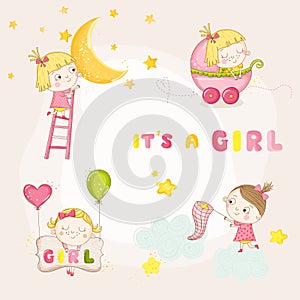 Set of Cute Baby Girl Illustrations - for Baby Shower