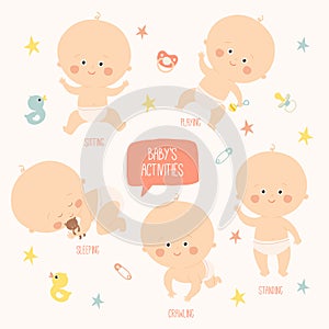 Set with cute baby girls. Growth from newborn to toddler. Various poses.First year. activities. Crawling, sitting