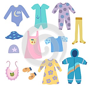 Set of cute baby and infant clothes in doodle boho cartoon style. Vector clip art for design.