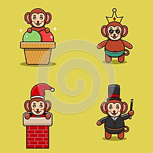 Set Of Cute Baby Monkey Character With Various Poses. On Ice Cream, Chinmey, Wearing Crown, and Magician costume.