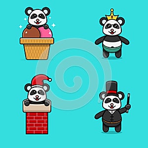 Set Of Cute Baby Panda Character With Various Poses. On Ice Cream, Chinmey, Wearing Crown, and Magician costume.