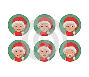 Set of cute baby Santa Claus face expressions. Happy Christmas child in a Santa`s red hat avatars.