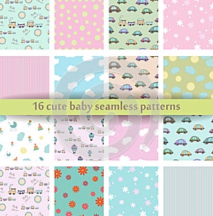 Set of 16 Cute baby seamless pattern. Retro pink, white and blue colors. Texture for wallpaper, web page background, fabric and pa