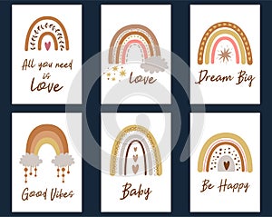 Set of cute baby shower cards with boho rainbows calligraphy quotes. Kids rainbow