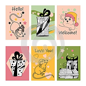 Set of cute baby shower cards with funny mice characters and celebration elements
