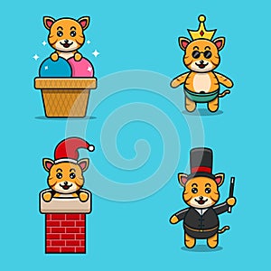 Set Of Cute Baby Tiger Character With Various Poses. On Ice Cream, Chinmey, Wearing Crown, and Magician costume.