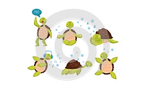 Set With Cute Baby Turtles In Different Active Poses Vector Illustration Cartoon Character