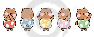 Set of cute bear in egg costume various poses.Wild animal cartoon