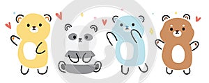 Set of cute bear various poses in line hand drawn style.Wild animal character cartoon