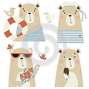 Set of cute bears. A sailor in a hat and striped vest, with a seagull and a lifebuoy, in sunglasses with flowers and