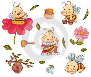 Set of cute bee, flowers and hunny isolate on a white background