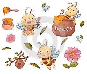 Set of cute bee, flowers and hunny isolate on a white background
