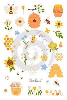 Set of cute bee honey elements isolated on white background. Vector graphics