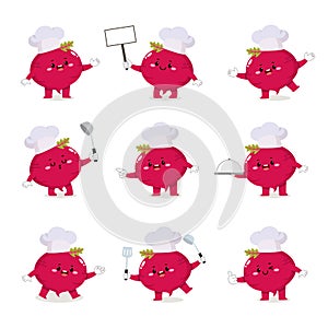 Set of cute beetroot chef cartoon characters with various activities