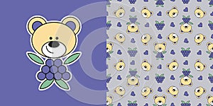 Set with Cute berry Teddy bear Sticker and simless pattern