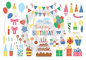 Set of cute Birthday design elements. Party celebration clipart collection. Vector holiday pack with bright presents, cake with