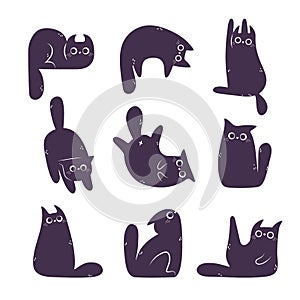 Set of Cute Black Cats doodles Set Isolated on White Background. Funny Cartoon Animal Character in different poses. Group of many