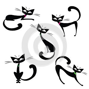 Set cute black cats,isolated on white background