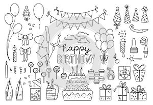 Set of cute black and white Birthday design elements. Party celebration clipart collection. Vector outline holiday pack with