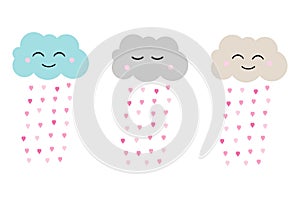 Set of cute blue, grey and beige clouds with rain of pink hearts, happy valentine\'s day, flat design for invitation card, vector