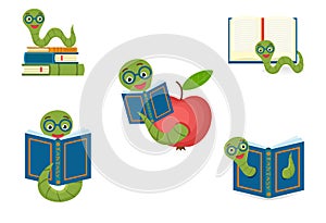 Set cute bookworm with glasses next to books, isolated on white background. Education concept. Vector cartoon