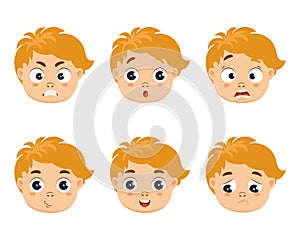 Set of cute boy faces with different emotions, joy, surprise, sadness, anger and doubt. Icons, cartoon illustration
