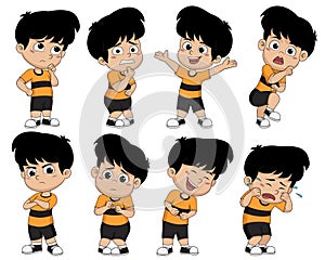 Set of cute boy pose showing different emotions. Basic seven of e