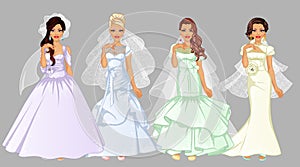 Set of Cute Bride Cartoon Characters. Vector Illustration