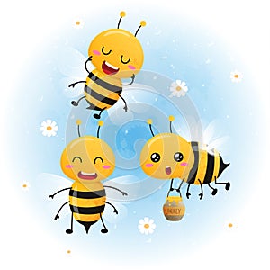 Set of cute bright baby bee watercolor