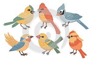Set of cute bright birds. Set of various spring birds. Spring icons in flat cartoon style. Illustration in children\'s style.