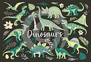 Set of cute bright dinosaurs including T-rex, Brontosaurus, Triceratops, Velociraptor, Pteranodon, Allosaurus, etc