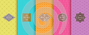 Set of cute bright seamless patterns with frames. Abstract geometric background