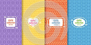 Set of cute bright seamless patterns with frames. Abstract geometric background