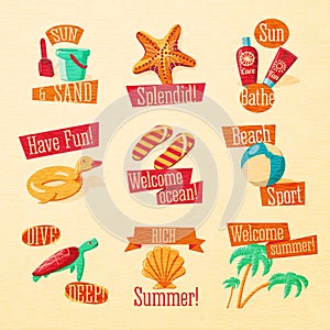 Set of cute bright summer icons with typographic