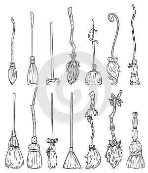 Set of cute broomstick doodles. Collection of Happy Halloween related icons - magic brooms. Cartoon images elements: witch or