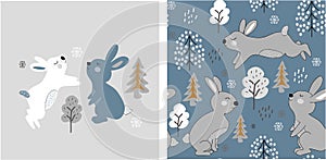 Set of cute bunny print and seamless bunny pattern. vector