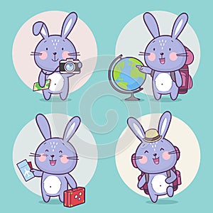 Set of cute bunny rabbit character travelling with backpack