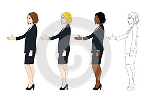 Set Cute Business Woman Giving Hand for Handshake. Full Body