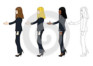 Set Cute Business Woman Giving Hand for Handshake. Full Body