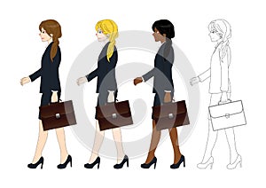 Set Cute Business Woman holding a Brief Case while Walking. Side View. Full Body Vector Illustration