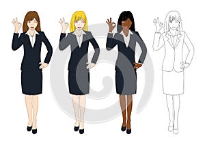 Set Cute Business Woman Showing OK Hand Sign. Full Body