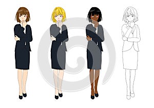 Set Cute Business Woman Thinking to Make Decision. Full Body Vector Illustration.