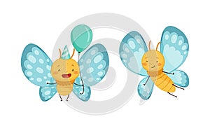 Set of cute butterflies with light blue wings. Cute smiling insects with funny faces cartoon vector illustration