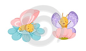 Set of cute butterflies with pink and purple wings set. Cute insects with funny faces cartoon vector illustration