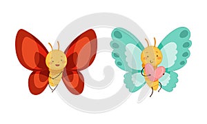 Set of cute butterflies with red and blue wings. Cute smiling insects with funny faces cartoon vector illustration