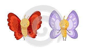 Set of cute butterflies with red and purple wings set. Cute insects with funny faces cartoon vector illustration